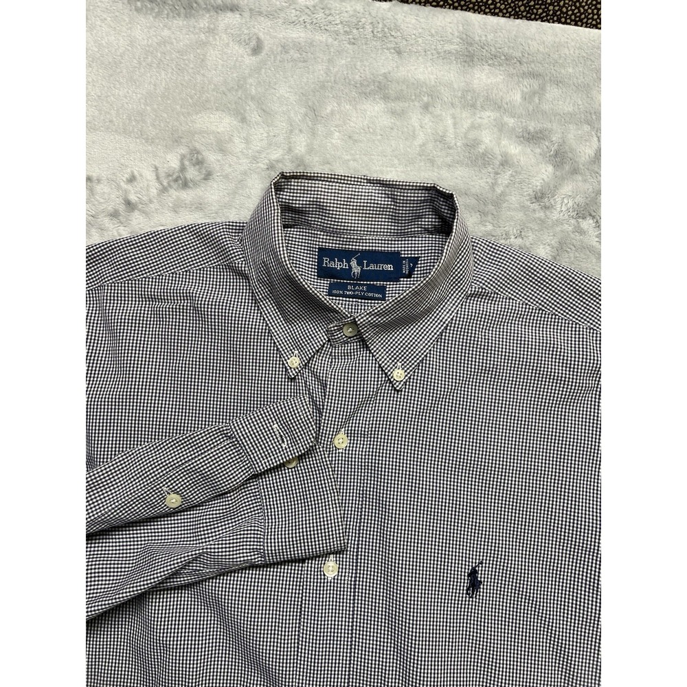 Ralph Lauren Shirt Men M Black‎ Check Button Up Gingham Blake Dress Two Ply *